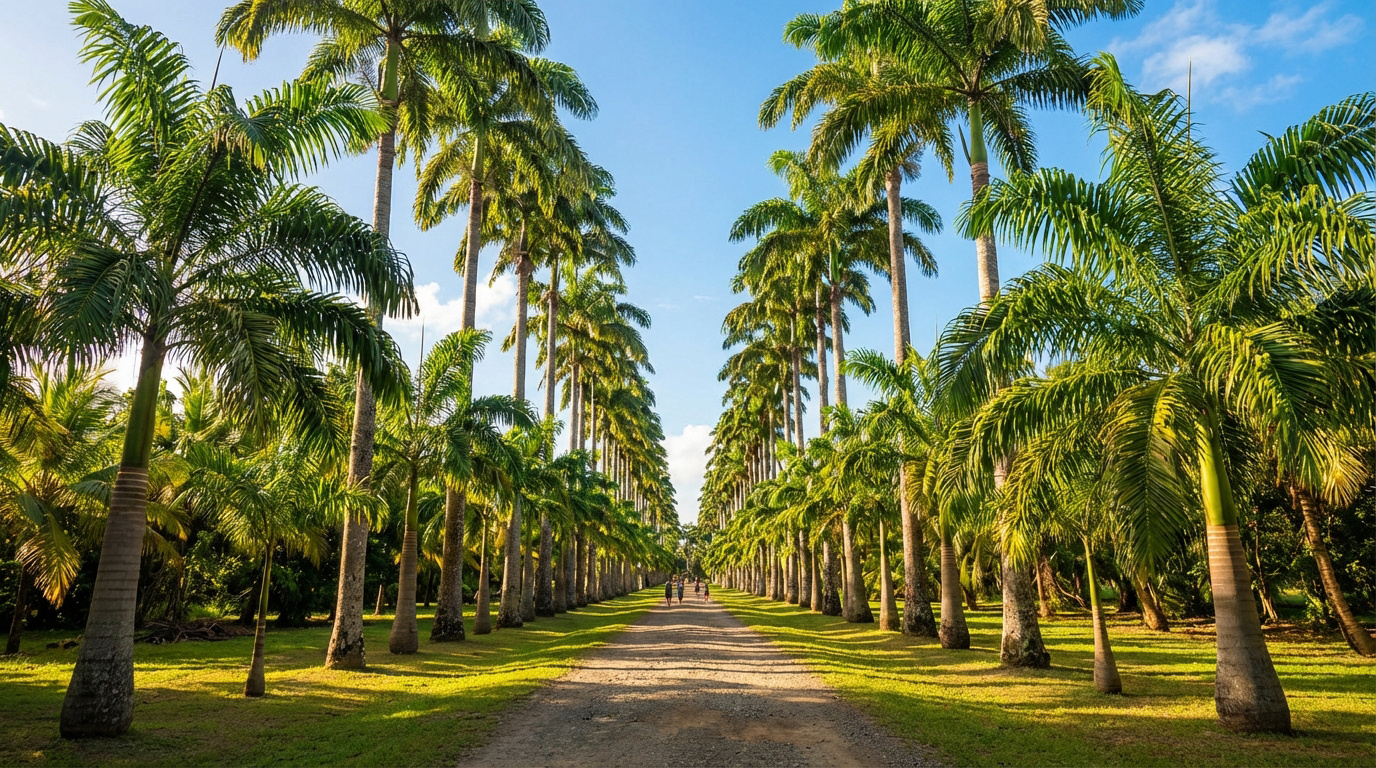 Longue allée bordée de palmiers royaux géants en Guadeloupe. Chemin central en terre, ciel bleu éclatant. Quelques silhouettes au loin.
