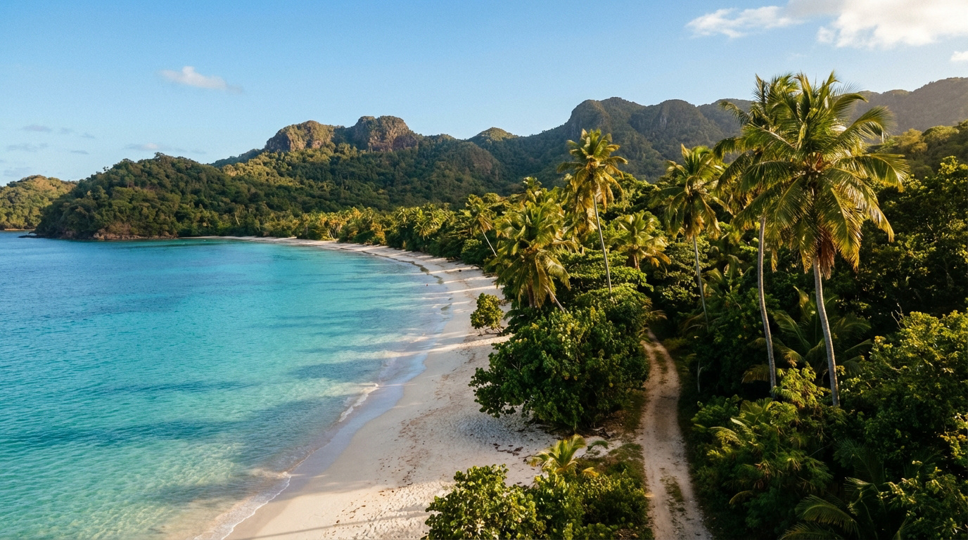 Vue aérienne d'une plage tropicale de Terre-de-Bas avec sable blanc, eaux turquoise, palmiers luxuriants et montagnes boisées.