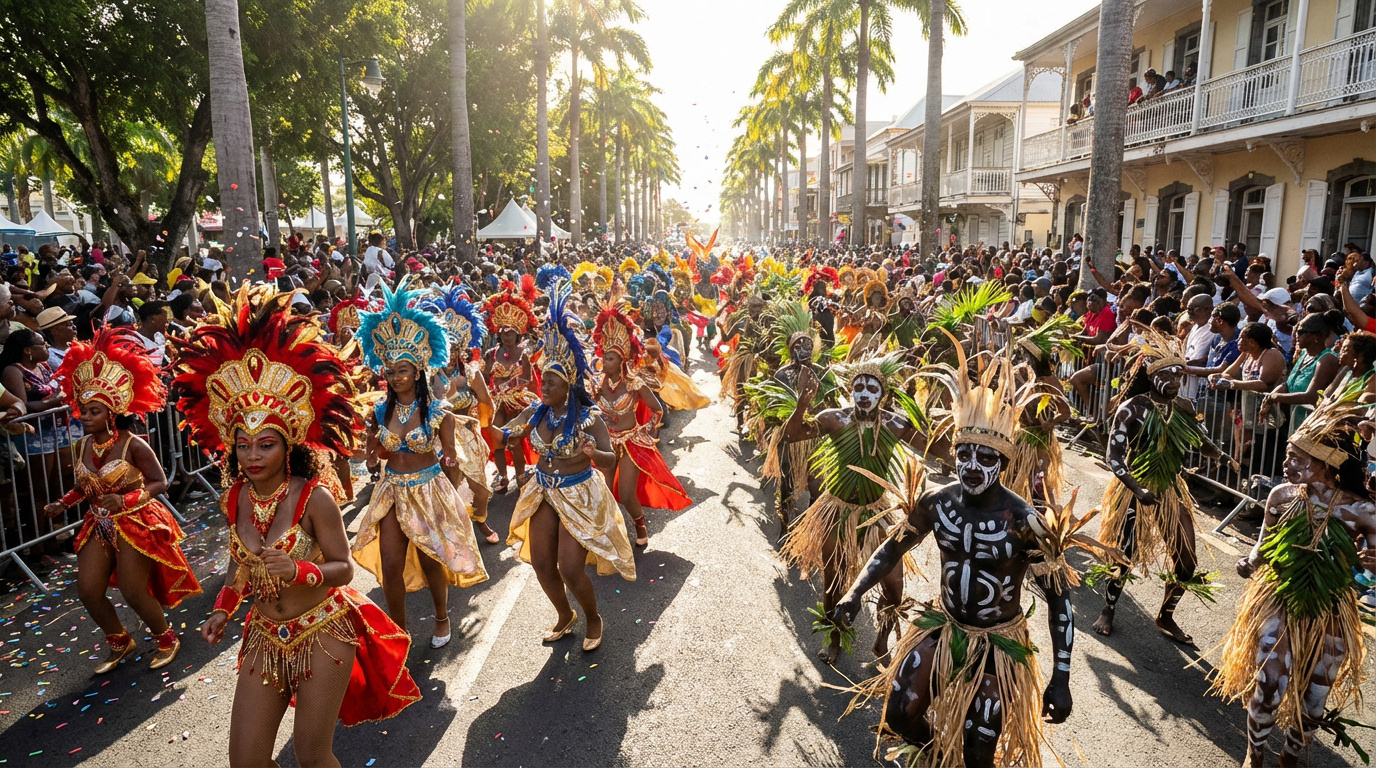 Défilé du Carnaval de Guadeloupe : danseurs costumés, plumes, peintures corporelles et foule joyeuse sous les palmiers ensoleillés.