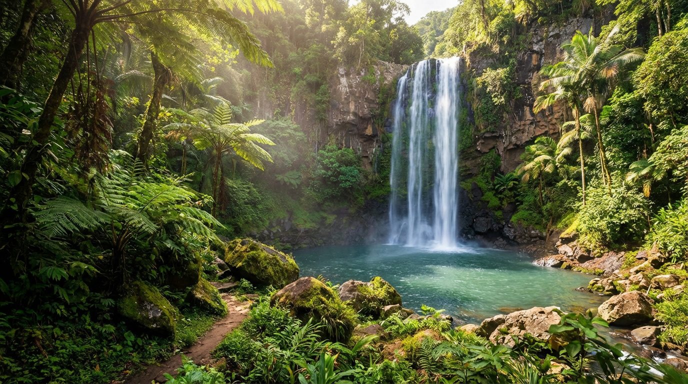 Une cascade majestueuse se jette dans un bassin d'eau turquoise, entourée d'une forêt tropicale dense baignée de soleil.