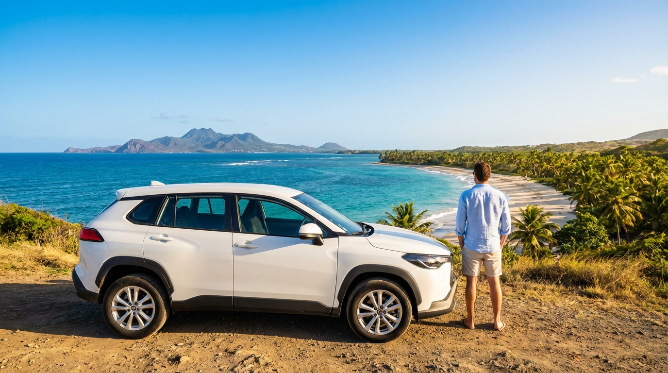 Un homme observe une plage de palmiers depuis une voiture SUV blanche garée sur une côte en Guadeloupe, sous ciel bleu.