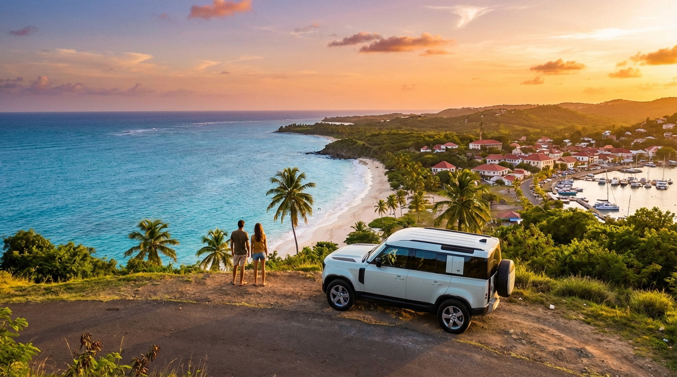 Un couple et un SUV blanc admirent une vue panoramique sur une plage tropicale, un village côtier et un port animé au coucher du soleil.