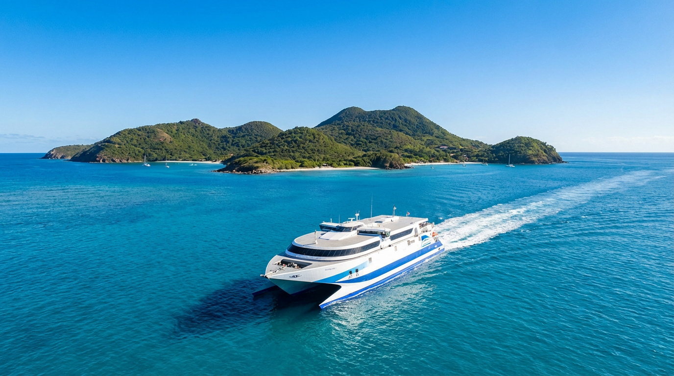 Ferry catamaran blanc et bleu naviguant sur une mer turquoise vers des îles verdoyantes sous un ciel bleu clair.