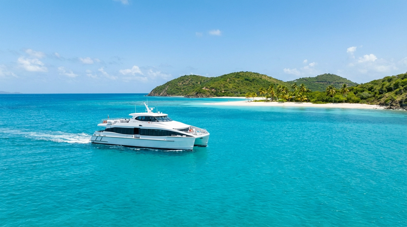 Catamaran blanc moderne sur mer turquoise, sillage blanc. Plage de sable avec palmiers et collines verdoyantes d'une île tropicale.