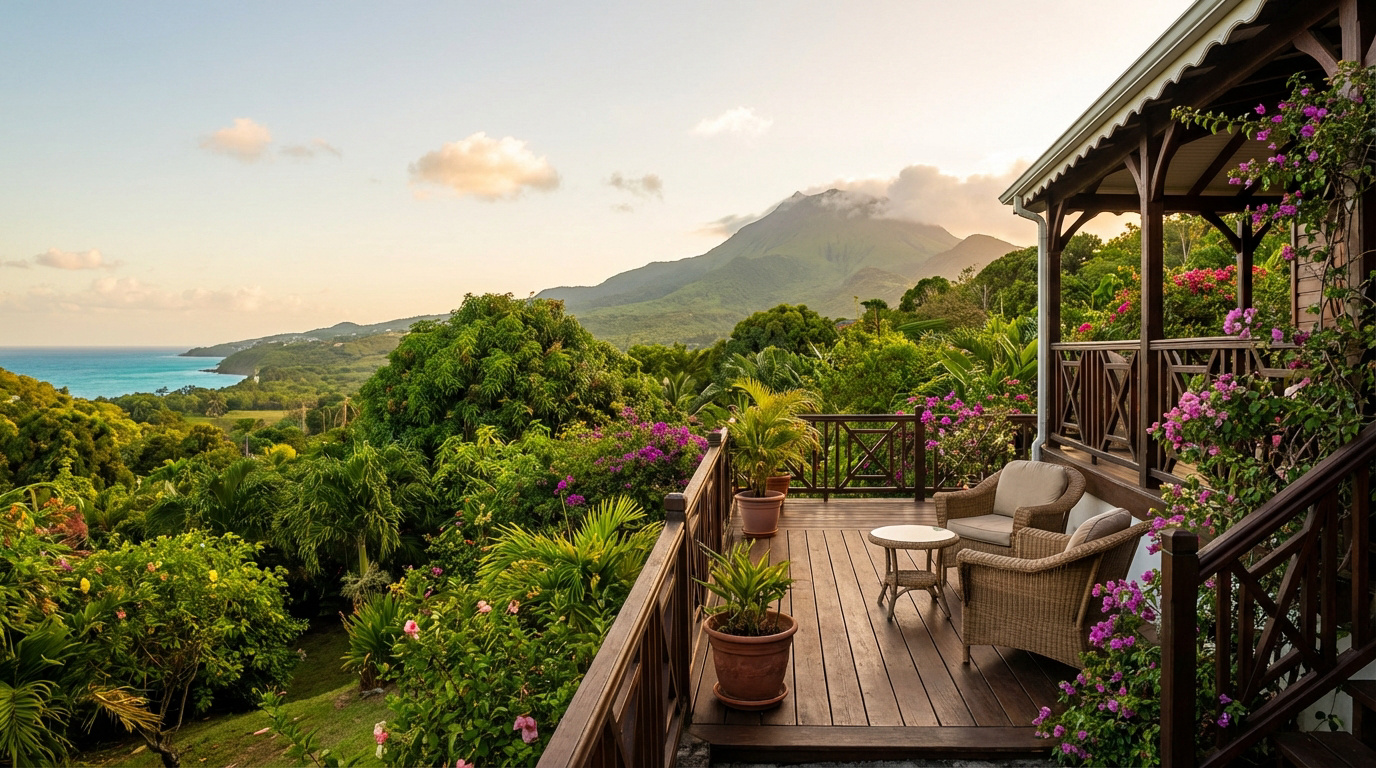 Terrasse en bois d'un hôtel avec fauteuils, vue sur une végétation luxuriante, une montagne et la mer turquoise.