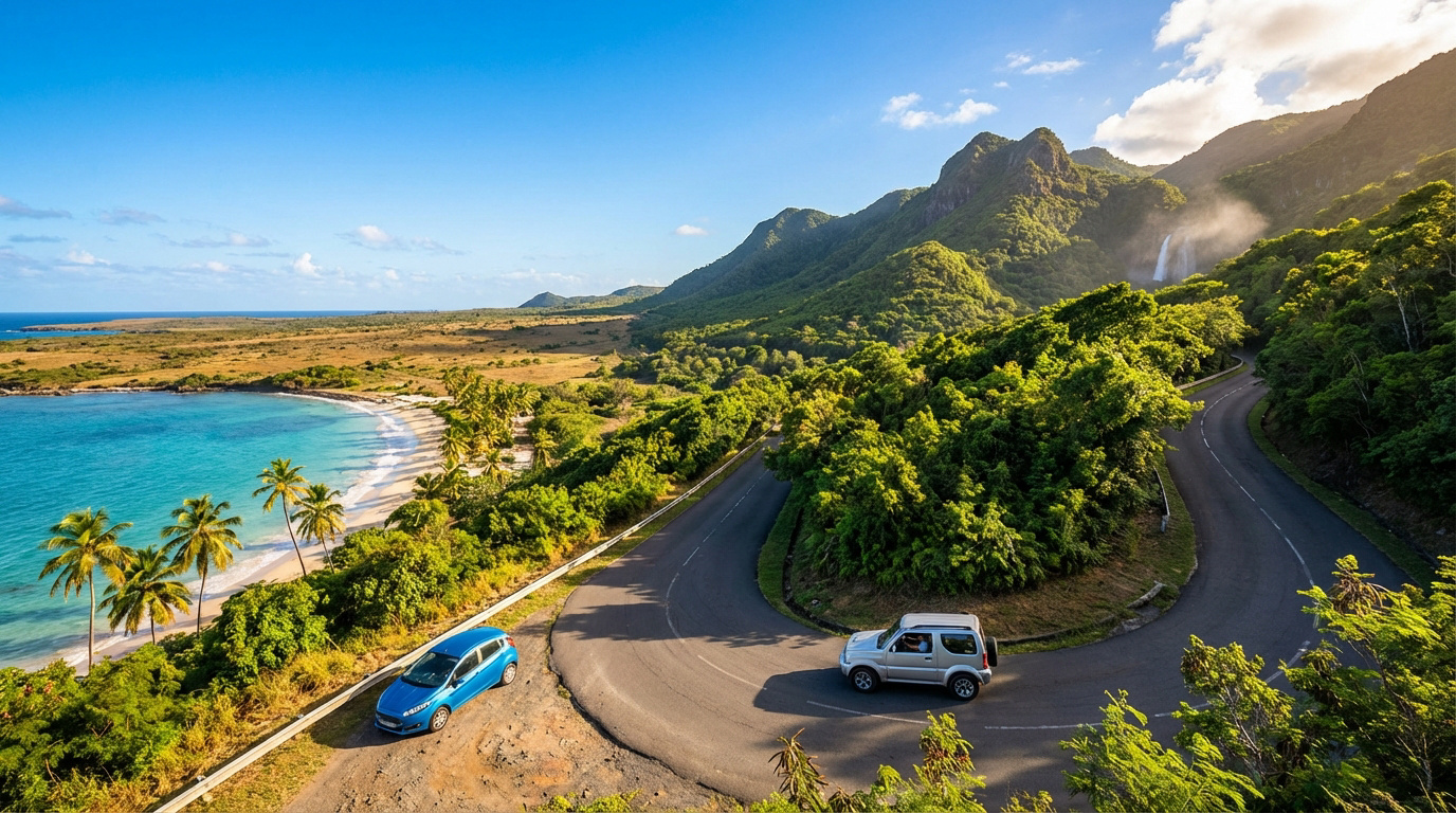 Vue aérienne d'une route sinueuse en Guadeloupe longeant une plage tropicale, avec montagnes, cascade et deux voitures.
