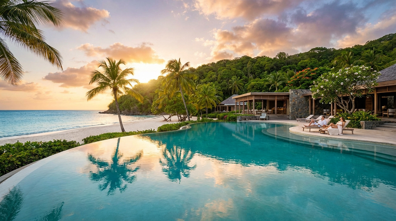 Hôtel de luxe tropical avec piscine à débordement donnant sur une plage de sable blanc et la mer turquoise. Palmiers luxuriants et un couple se relaxant.