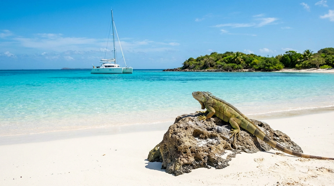 Iguane vert sur un rocher au bord d'une plage de sable blanc. Mer turquoise, catamaran et île verdoyante à l'arrière-plan.