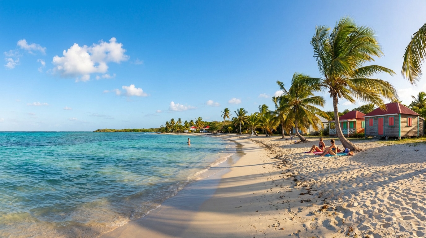 Plage de Sainte-Anne, Guadeloupe: sable blanc, mer turquoise, palmiers luxuriants, bungalows colorés et quelques personnes.