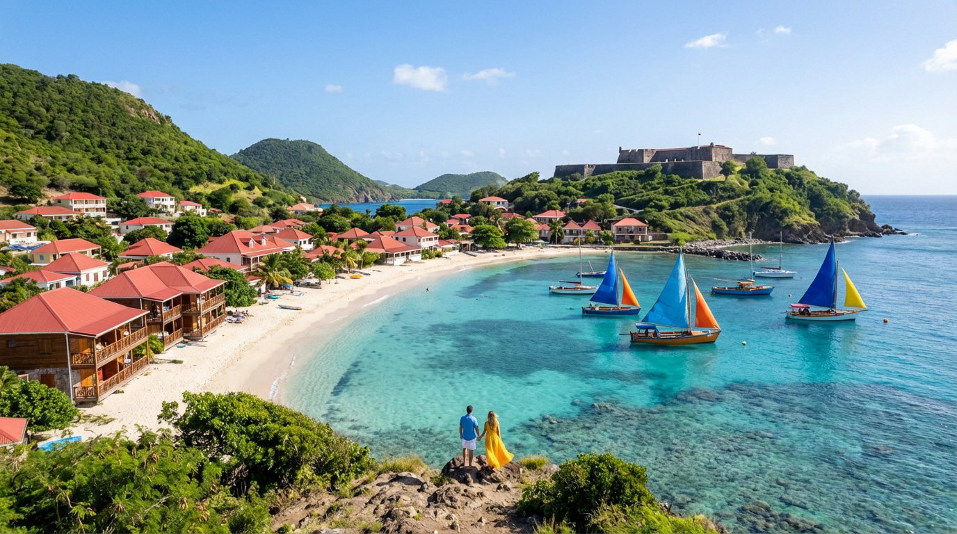 Vue aérienne d'une plage des Saintes avec eaux turquoises, maisons rouges, voiliers colorés et le Fort Napoléon.