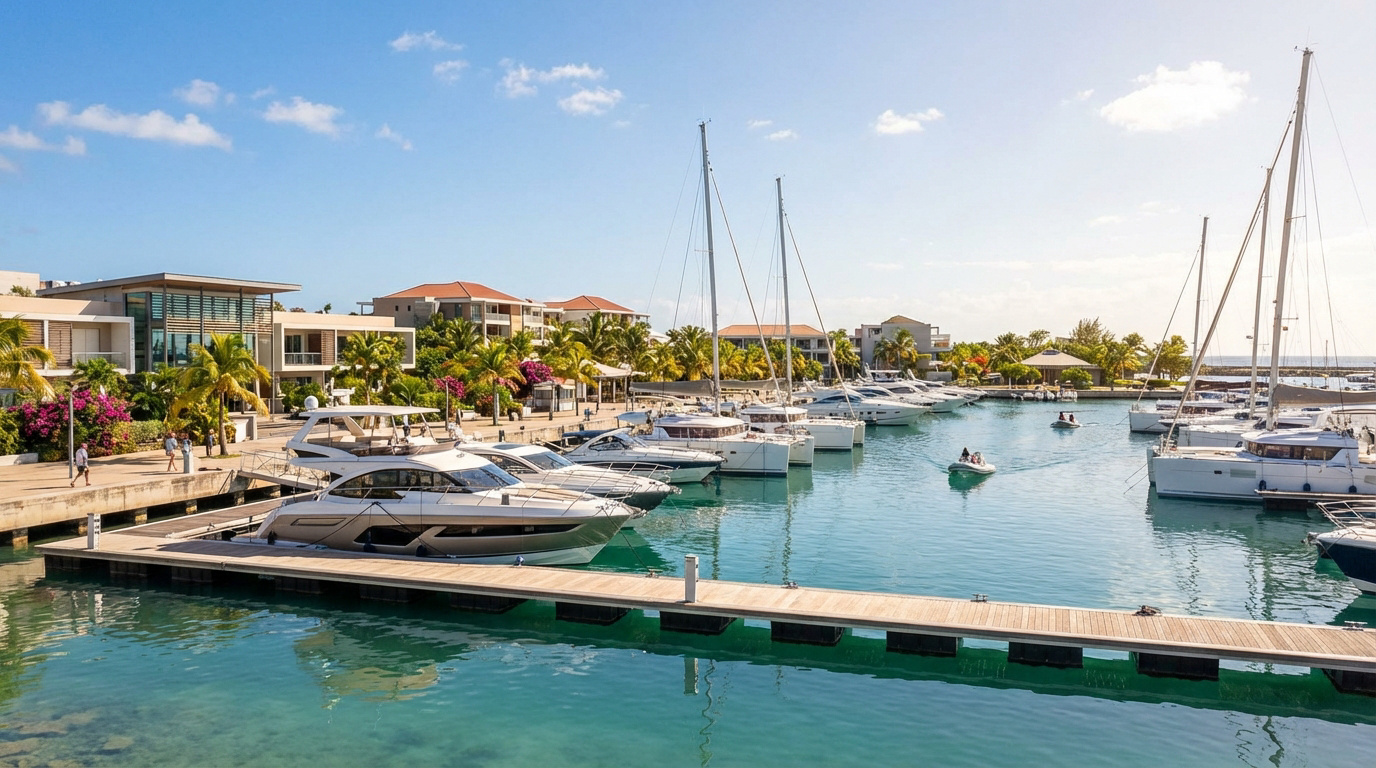 Marina en Guadeloupe avec yachts et voiliers amarrés le long de pontons, entourée de bâtiments modernes et végétation tropicale luxuriante.