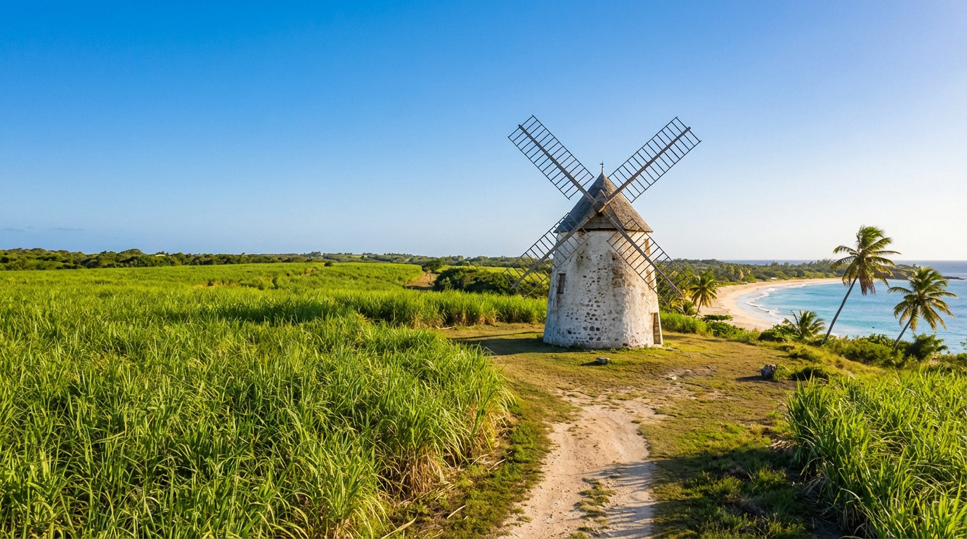 Un moulin en pierre au milieu de champs de canne à sucre, avec une plage de sable et la mer turquoise en arrière-plan sous un ciel bleu.