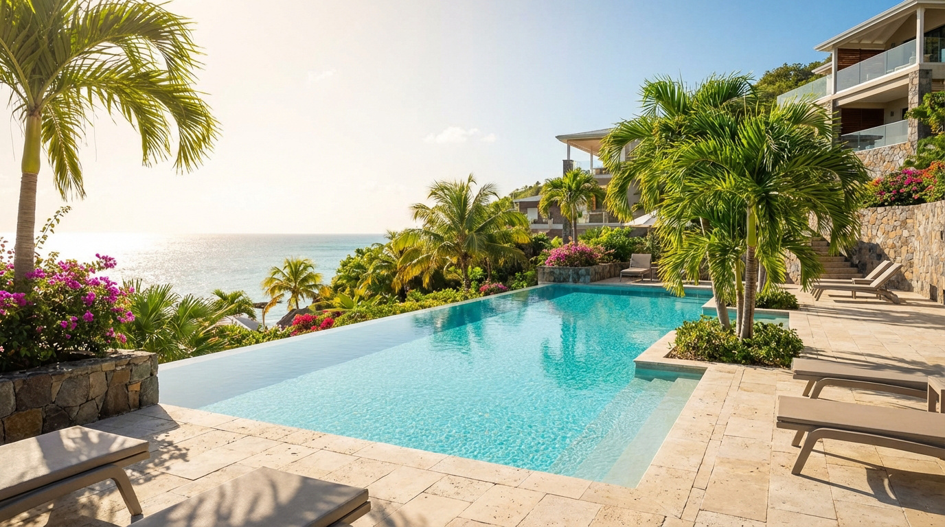 Grande piscine à débordement avec vue sur l'océan, entourée de palmiers et d'un hôtel moderne sur une colline en Guadeloupe.