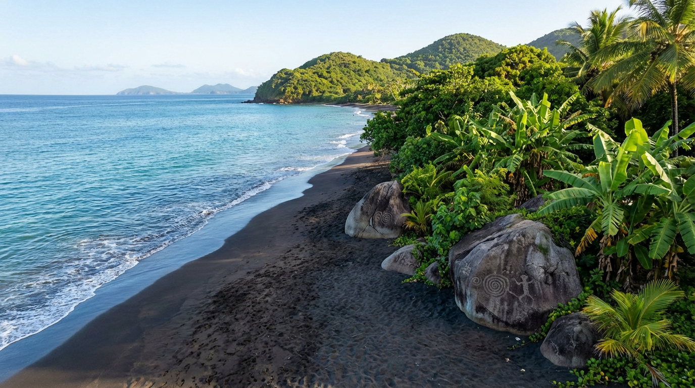 Plage de sable noir bordée de végétation luxuriante, rochers gravés de pétroglyphes caribéens, mer turquoise et îles lointaines.