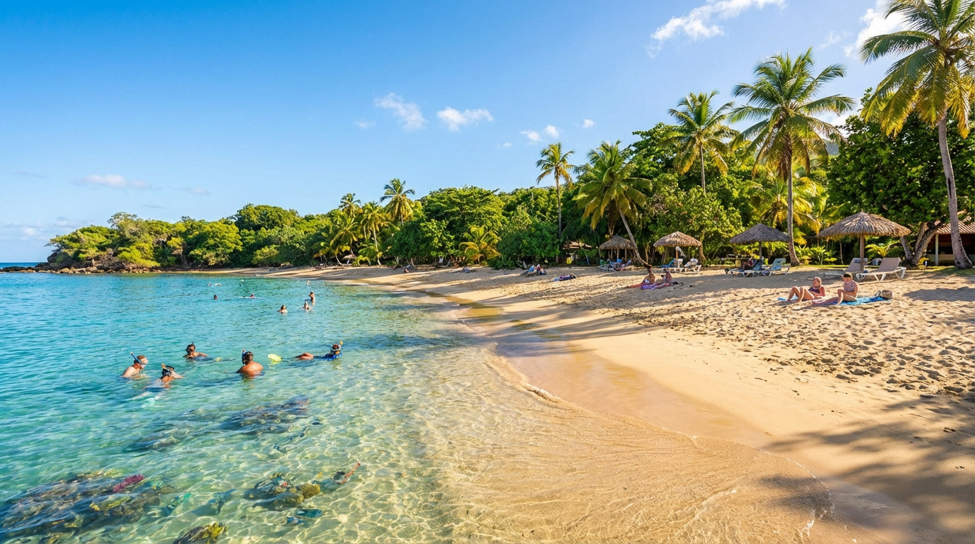 Plage de sable fin en Guadeloupe avec eau turquoise. Des personnes font du snorkeling, d'autres se prélassent à l'ombre des palmiers et paillotes.