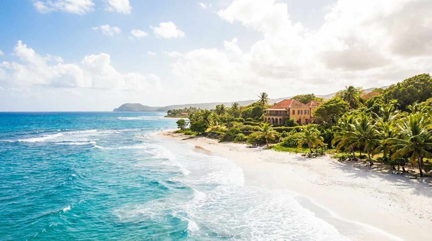 Vue aérienne d'une plage de sable blanc en Guadeloupe, avec mer turquoise, cocotiers et une villa historique au bord de l'eau.