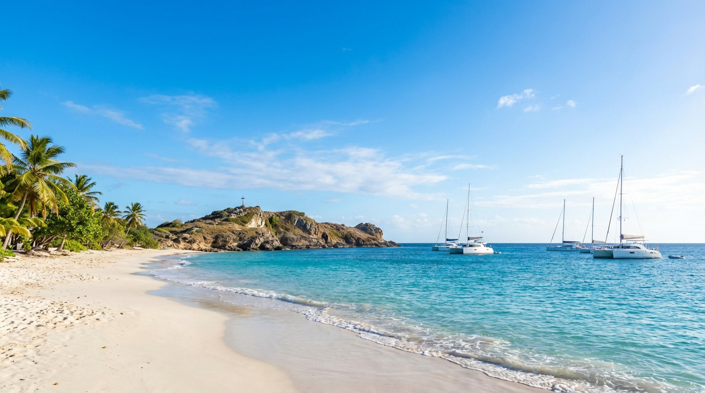 Plage de sable blanc bordée de palmiers, mer turquoise avec catamarans, et rocher surmonté d'une croix sous ciel bleu en Guadeloupe.