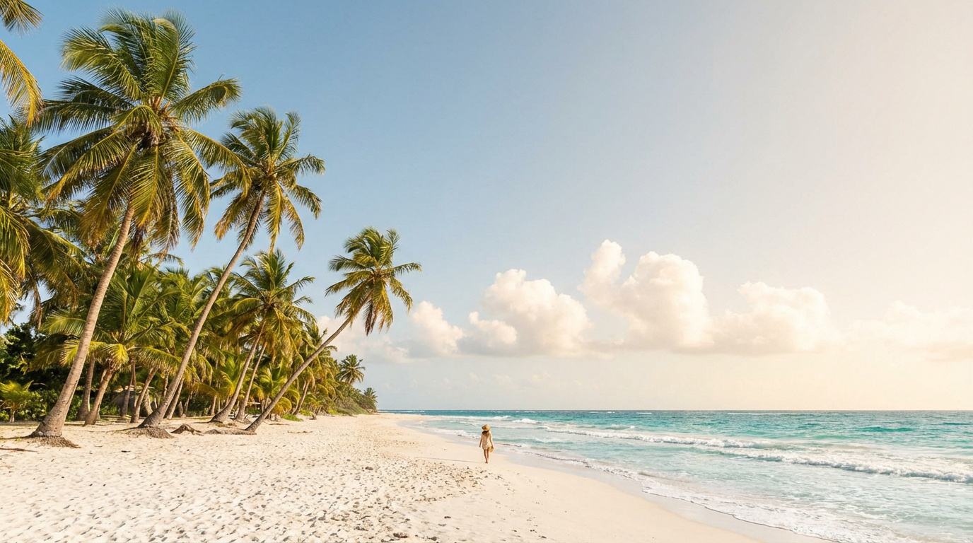 Une personne marche sur une plage de sable blanc bordée de palmiers luxuriants, avec l'océan turquoise et un ciel ensoleillé.