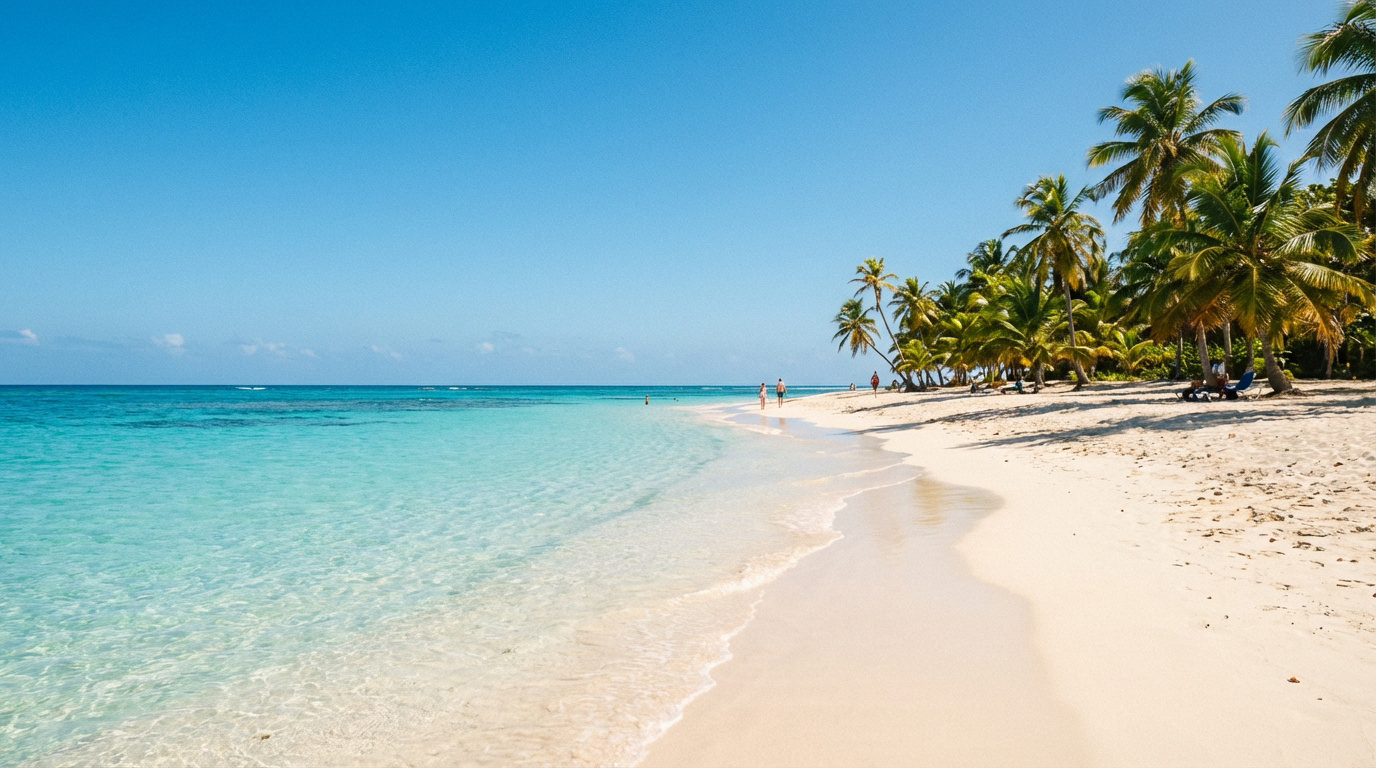 Une plage de sable blanc bordée de palmiers et d'eaux turquoise cristallines, avec quelques personnes profitant du soleil.