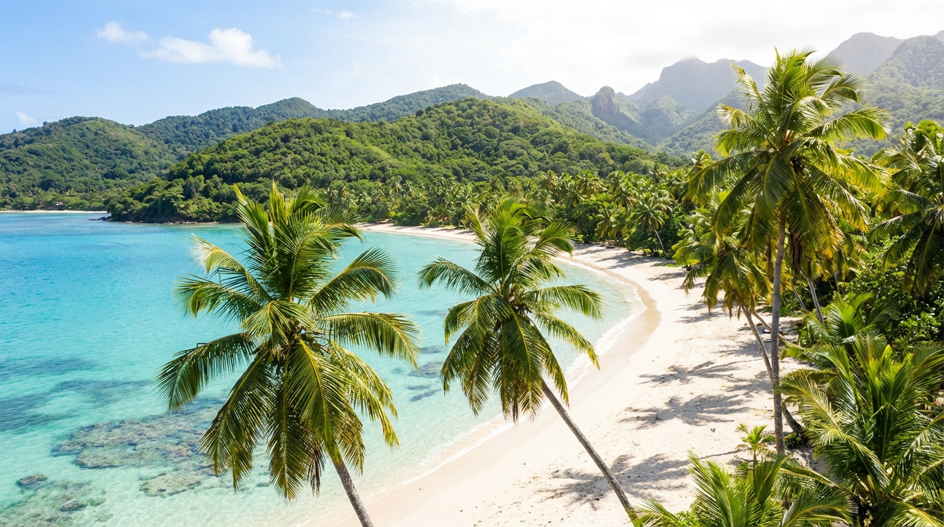 Vue aérienne d'une plage de sable blanc bordée de cocotiers, avec une mer turquoise et des montagnes verdoyantes en arrière-plan.