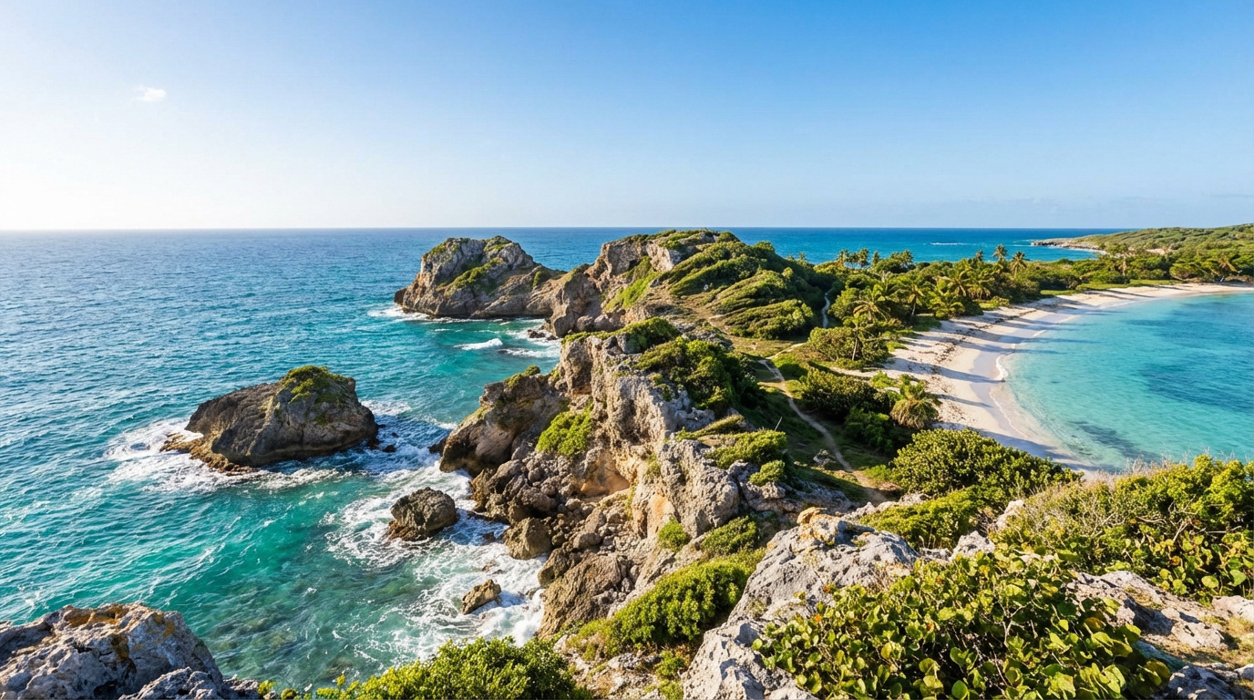 Vue spectaculaire de la Pointe des Châteaux en Guadeloupe : mer turquoise, falaises rocheuses et plage de sable blanc bordée de palmiers.