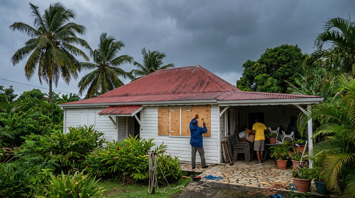 Deux hommes protègent une maison blanche en Guadeloupe, barricadant les fenêtres et rangeant, sous un ciel menaçant de cyclone.