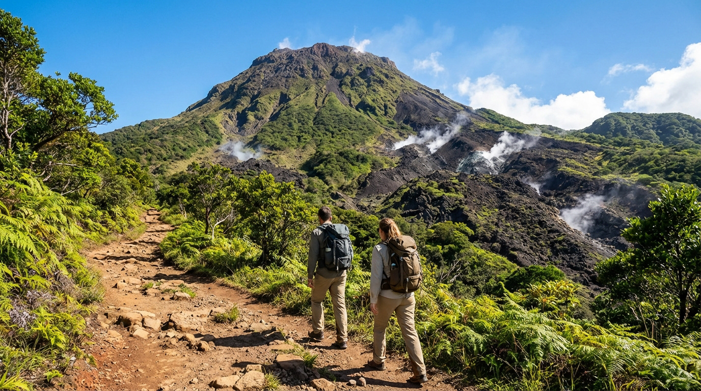 Deux randonneurs sur un sentier rocheux menant au volcan La Soufrière en Guadeloupe, avec fumerolles.
