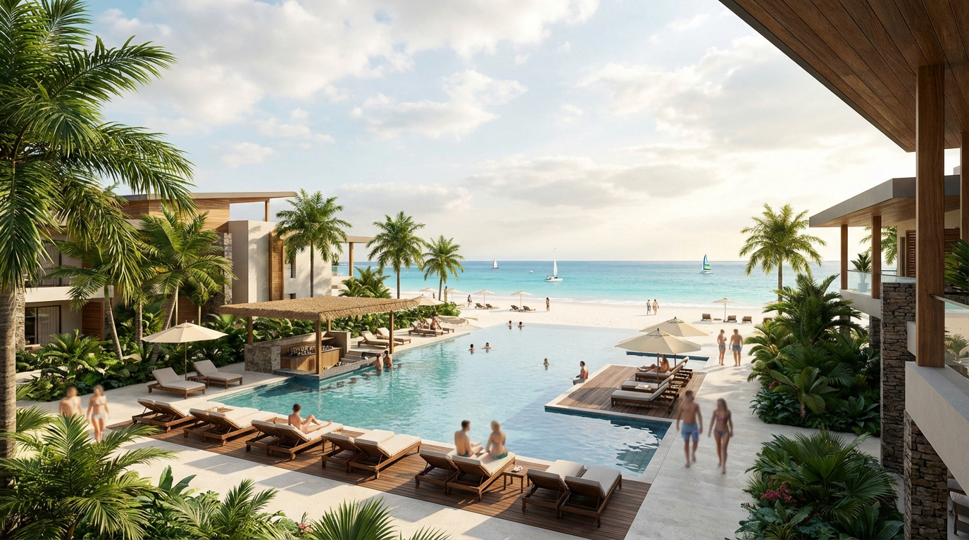 Vue d'un hôtel de luxe tropical en Guadeloupe: grande piscine, plage de sable blanc, mer turquoise, palmiers et vacanciers.