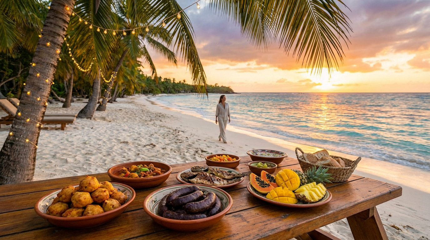 Une table en bois chargée de mets créoles sur une plage illuminée de Guadeloupe au coucher du soleil, avec une femme marchant au loin.