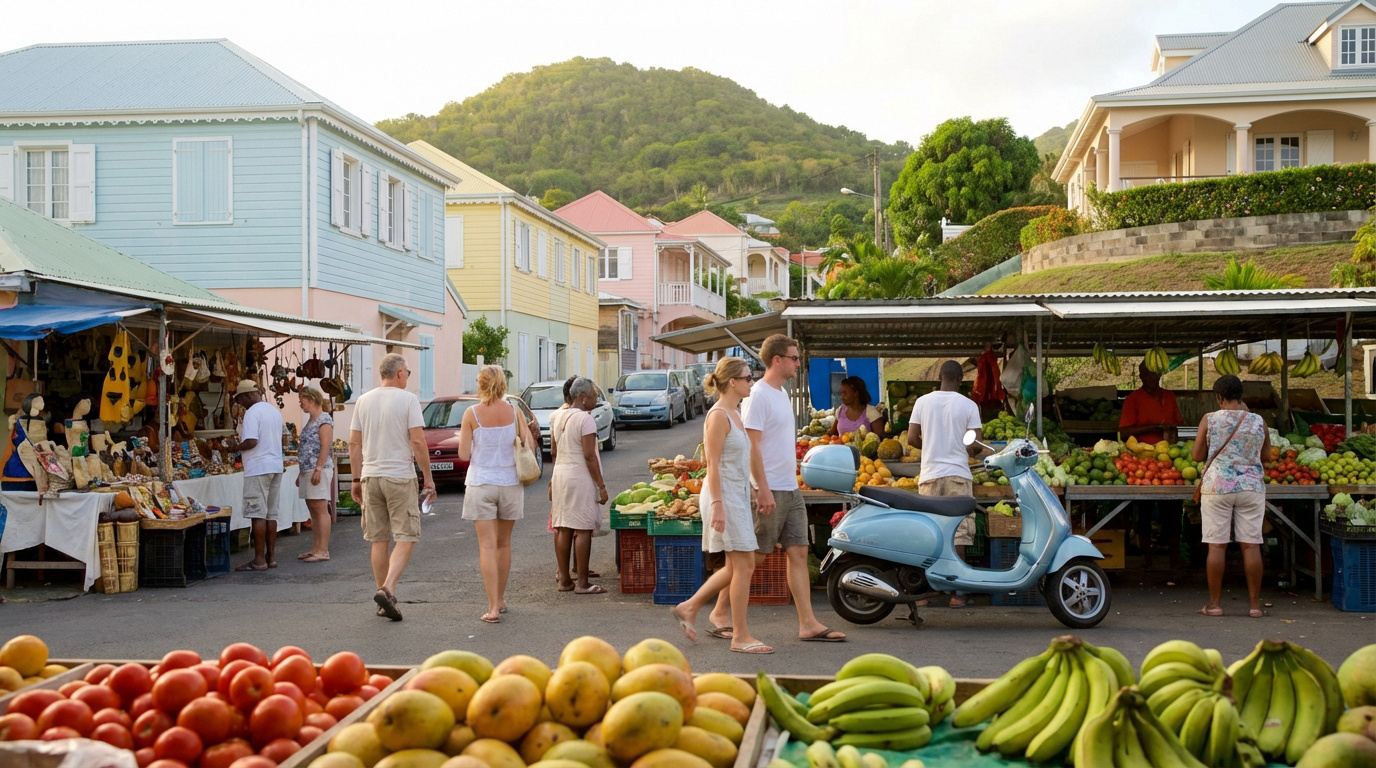 Marché extérieur animé en Guadeloupe, avec des étals de fruits, légumes et artisanat. Des passants et des maisons coloniales colorées.