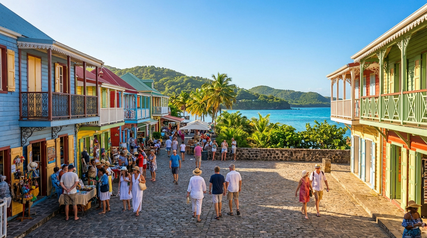 Scène de rue animée en Guadeloupe avec maisons créoles colorées, touristes, palmiers et mer turquoise.