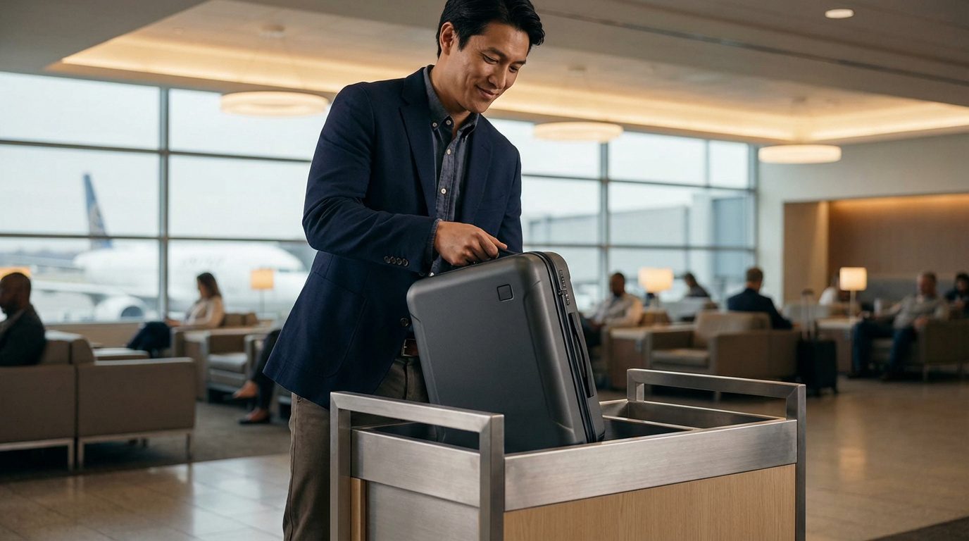 Un homme souriant vérifie si sa valise cabine grise entre dans un gabarit de taille à l'aéroport. Un avion est visible dehors.