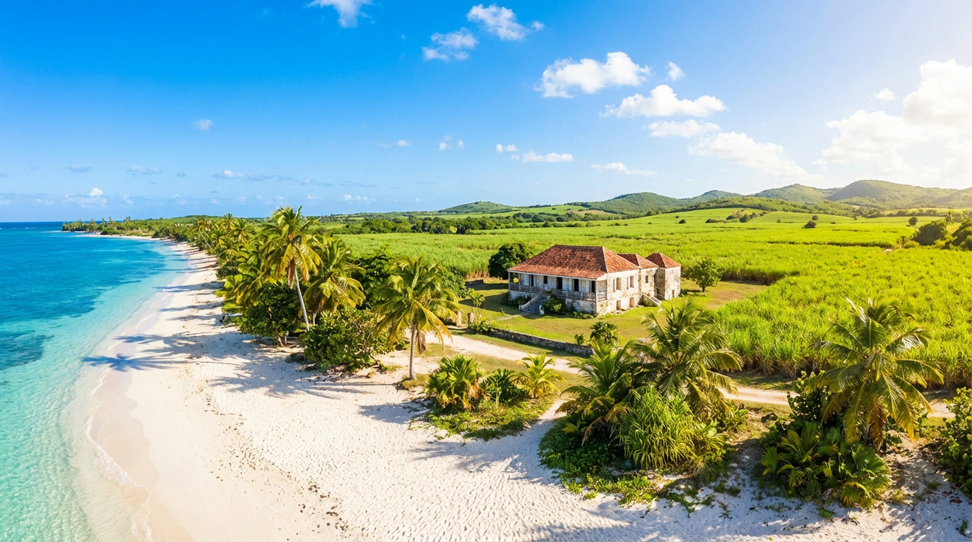 Vue aérienne d'une plage de sable blanc bordée de palmiers, d'une habitation coloniale et de champs de canne à sucre sous un ciel bleu à Marie-Galante.