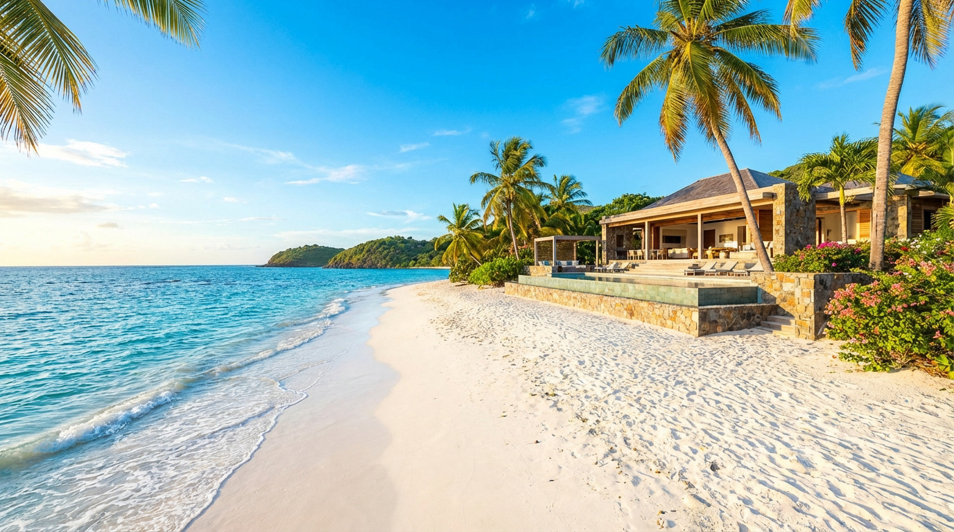 Villa de luxe moderne avec piscine sur une plage de sable blanc immaculé. Océan turquoise, palmiers et ciel bleu clair. Cadre tropical idyllique.