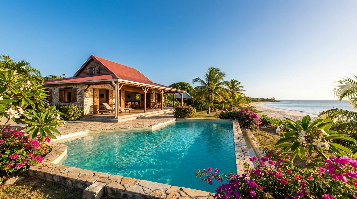 Gîte en pierre avec toit rouge et grande piscine, face à une plage de sable fin et la mer aux eaux turquoise, sous des palmiers.