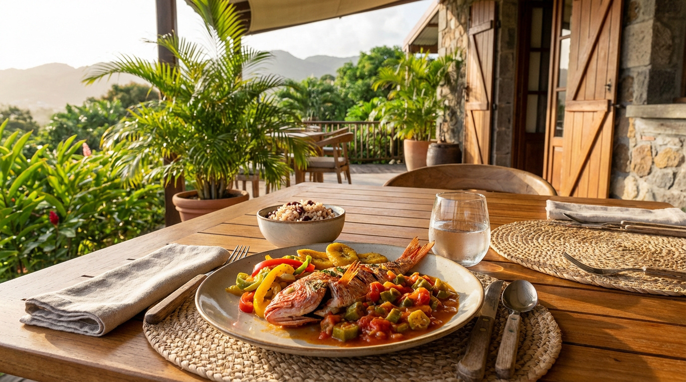 Plat de poisson créole, riz et légumes sur une table en bois. Vue sur végétation luxuriante et montagnes en terrasse.