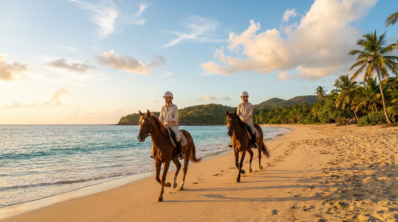 Deux cavaliers sur leurs chevaux bruns trottent sur une plage de sable fin en Guadeloupe, bordée par la mer turquoise et des palmiers.