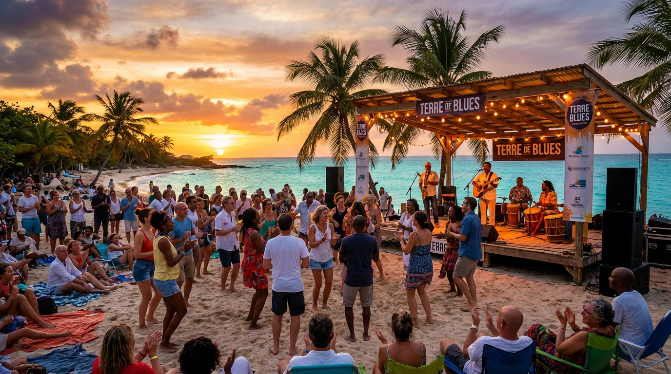 Foule dansant au festival Terre de Blues sur une plage tropicale au coucher du soleil, devant une scène avec musiciens et palmiers.