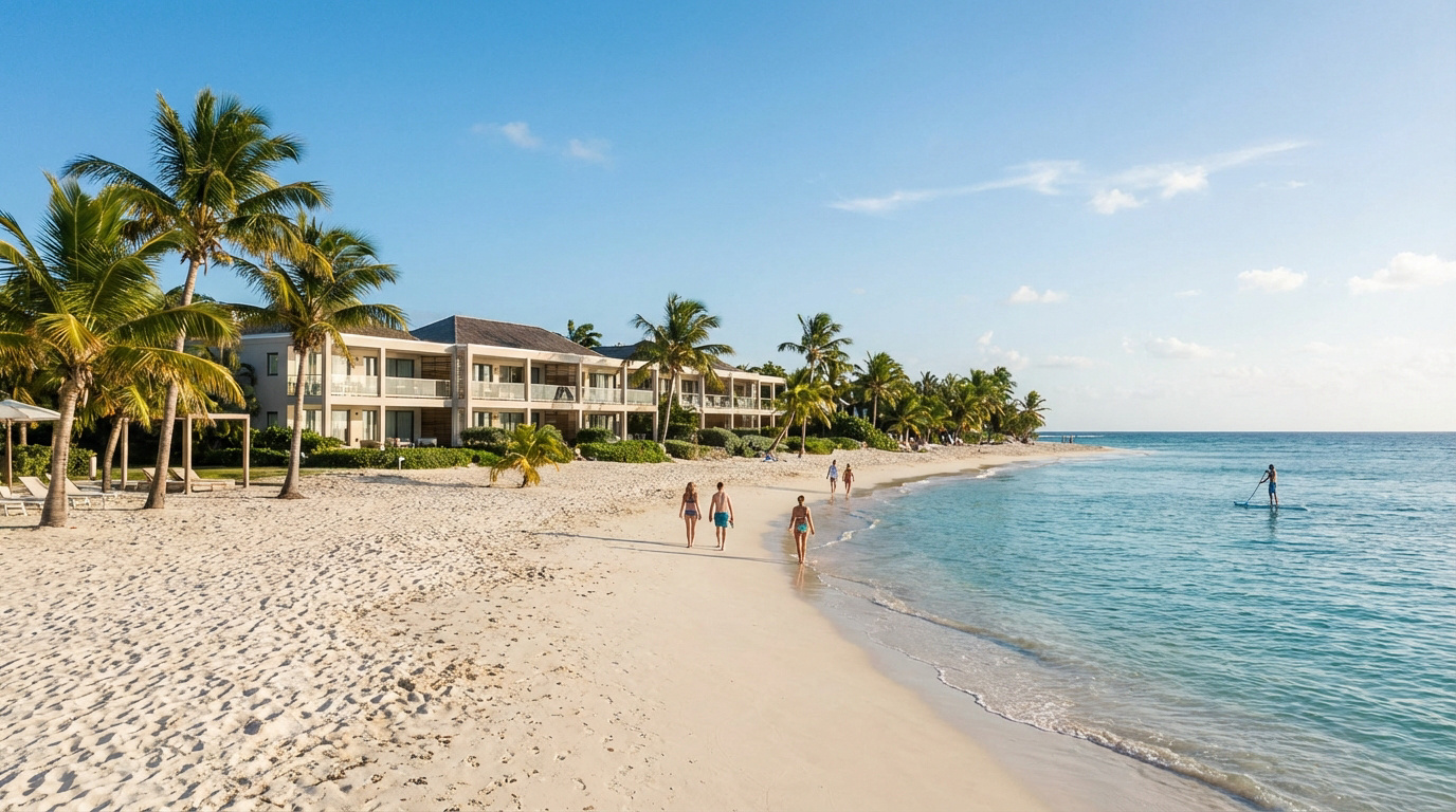 Magnifique plage de Baie Orientale à Saint-Martin avec sable blanc, palmiers, un complexe hôtelier et des gens profitant de la mer.
