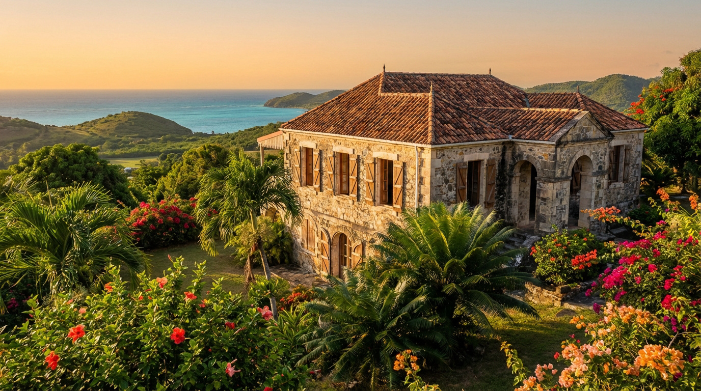 Magnifique habitation en pierre avec toit de tuiles rouges, entourée de végétation tropicale luxuriante, avec la mer Caraïbe et des collines en arrière-plan sous un ciel doré.