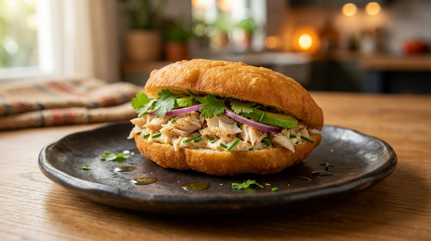 Un bokit doré et généreusement garni de poulet émietté, avocat, oignon rouge et coriandre, sur une assiette sombre.