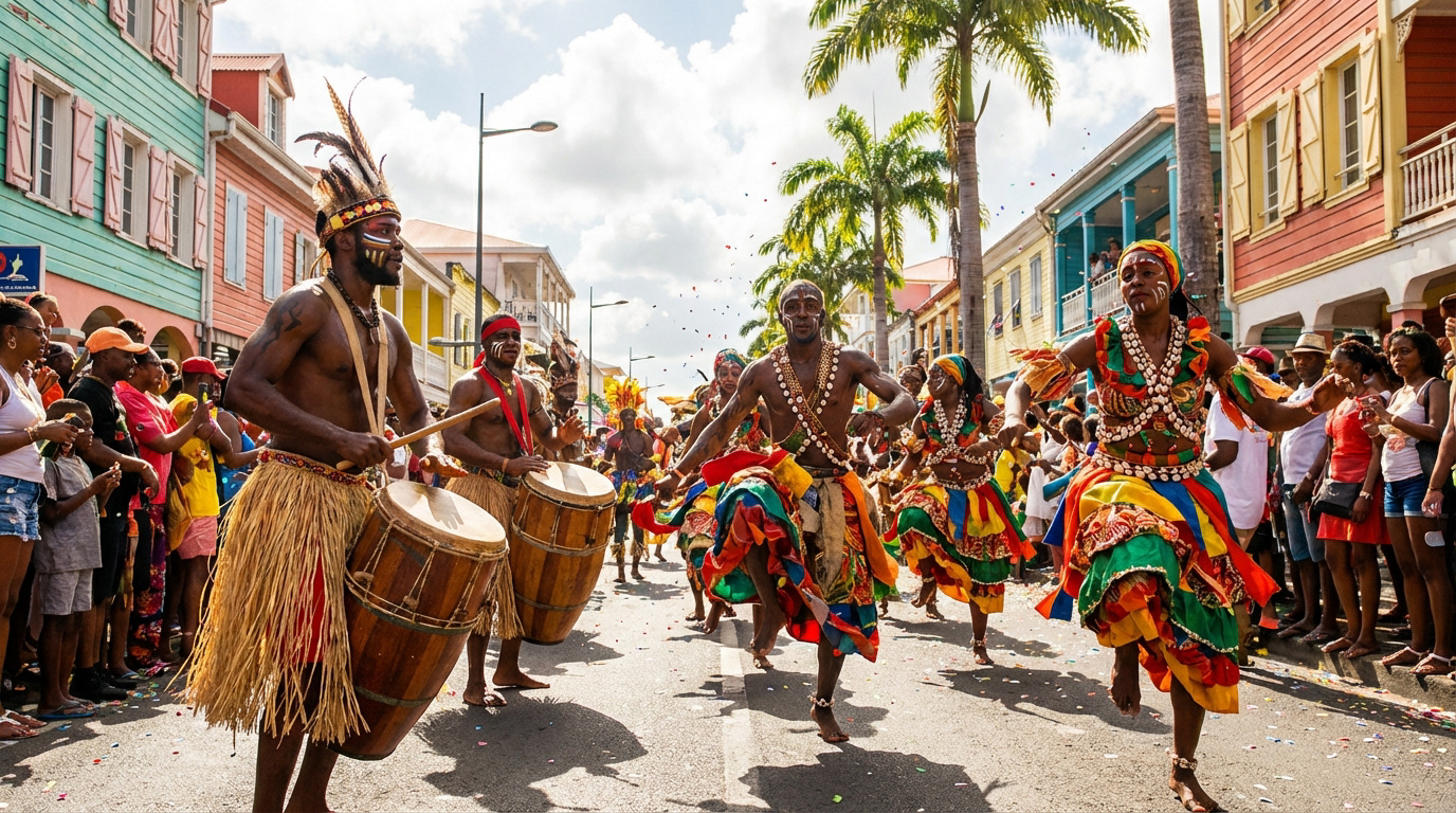 Défilé de carnaval joyeux à Pointe-à-Pitre : danseurs en costumes vibrants, tambours et foule enthousiaste sous un soleil éclatant.