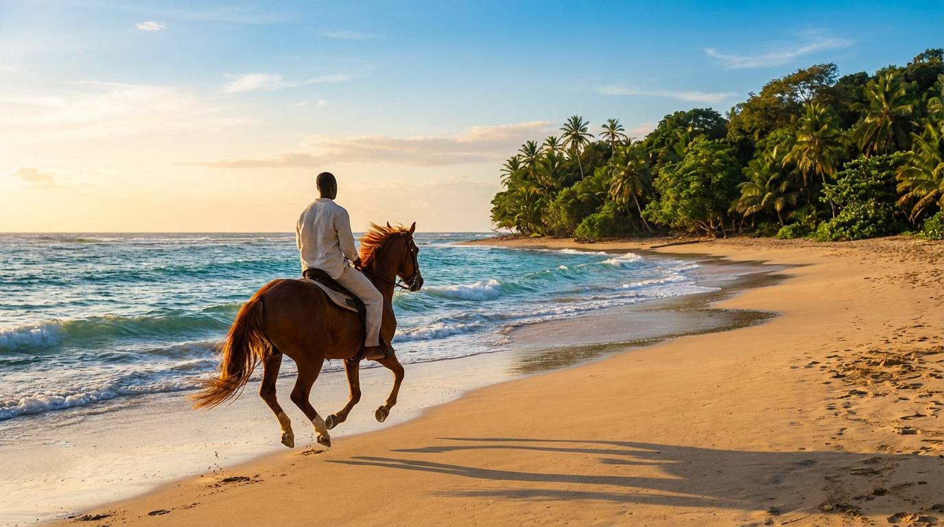 Homme à cheval sur une plage de sable fin en Guadeloupe, près d'une forêt tropicale luxuriante, au lever/coucher du soleil.