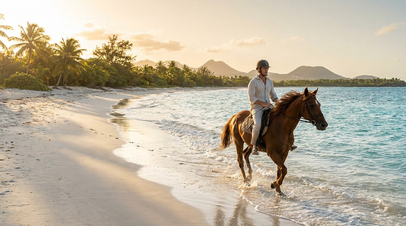 Un homme à cheval sur une plage tropicale au coucher du soleil. L'océan turquoise, des palmiers et des montagnes en arrière-plan.