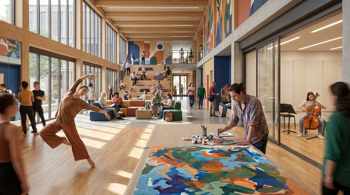 Intérieur d'un centre culturel moderne et lumineux. Danseuse, peintre, violoncelliste et groupes variés s'adonnent à diverses activités.