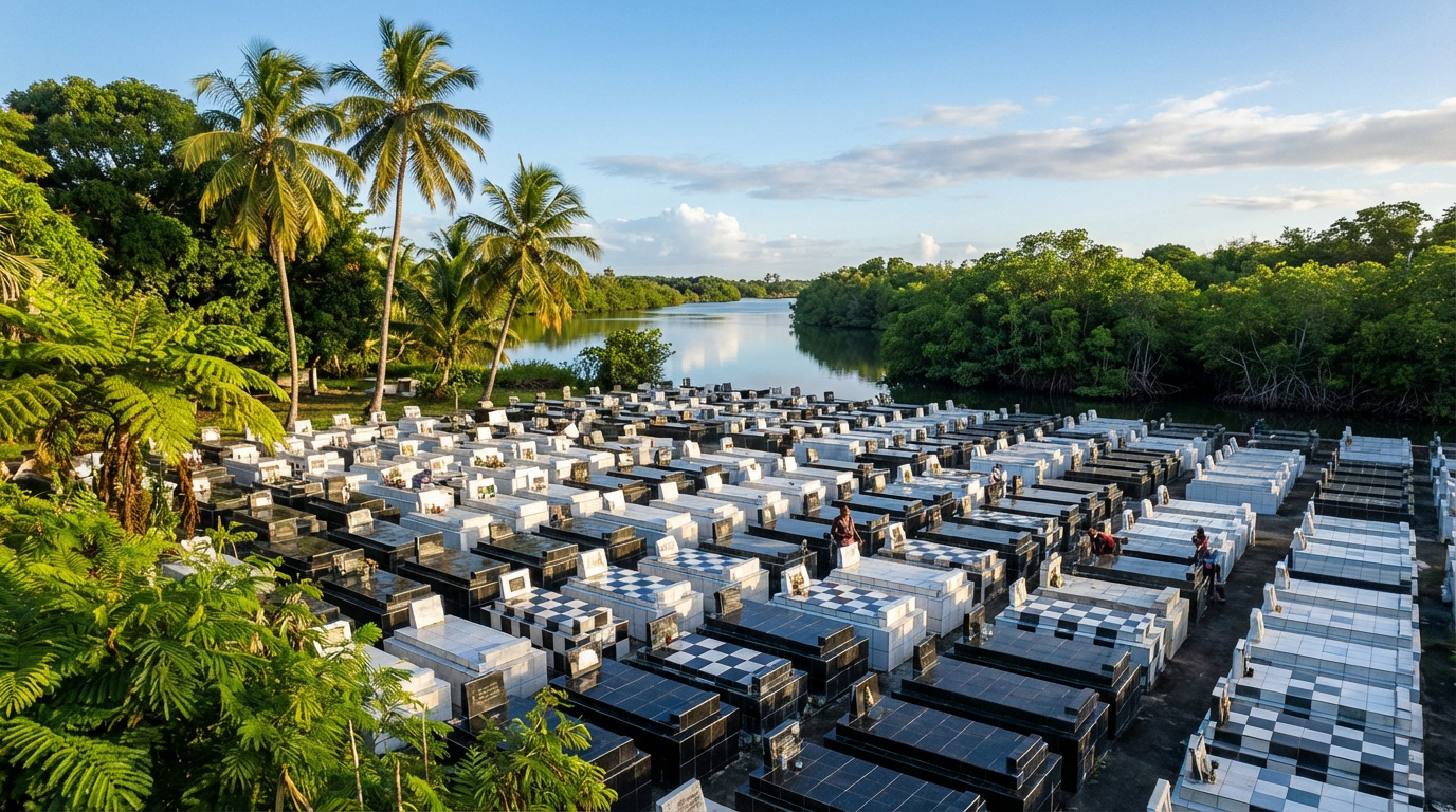 Cimetière de Morne-à-l'Eau, Guadeloupe. Tombes noires et blanches en damier le long d'une rivière bordée de palmiers et mangrove.