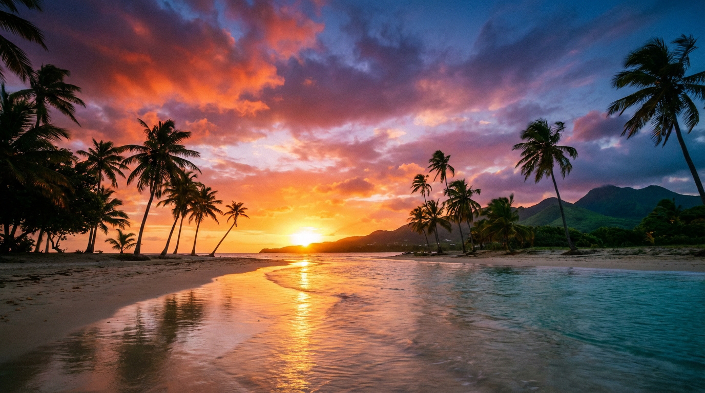 Magnifique coucher de soleil tropical avec palmiers silhouettés sur plage de sable en Guadeloupe, reflets dorés sur l'eau et montagnes.