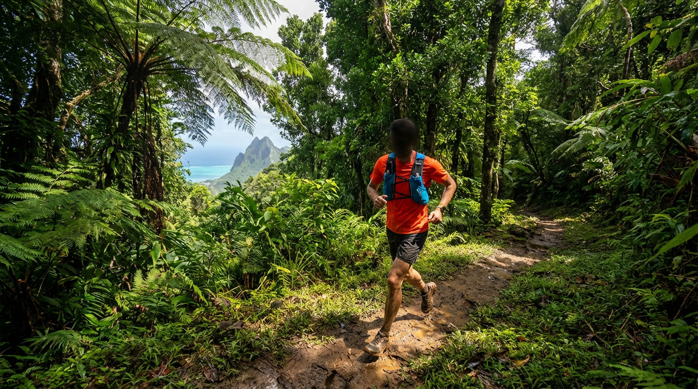 Un homme court sur un sentier boueux dans une forêt tropicale luxuriante en Guadeloupe, avec vue sur la mer et les montagnes.