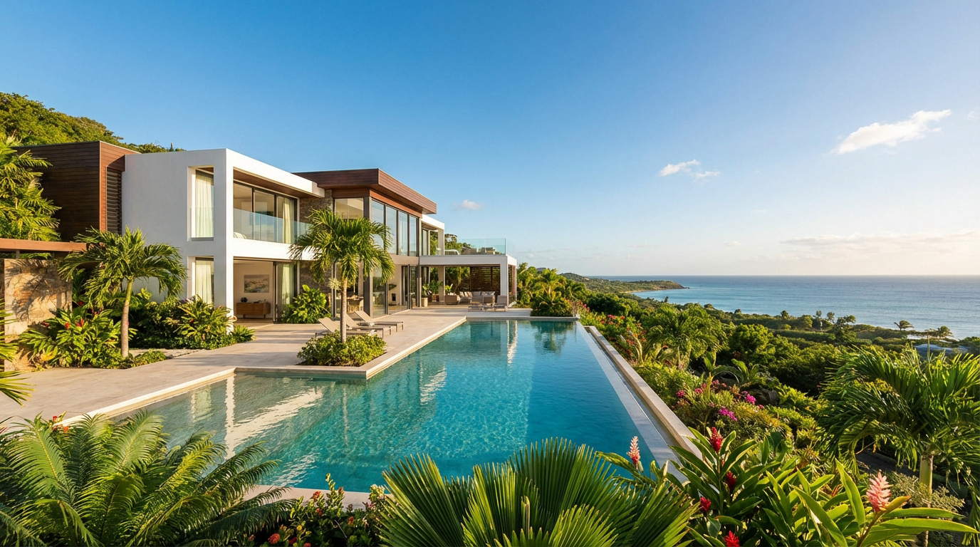Villa contemporaine en Guadeloupe, avec piscine à débordement turquoise, végétation tropicale et mer bleue sous ciel clair.