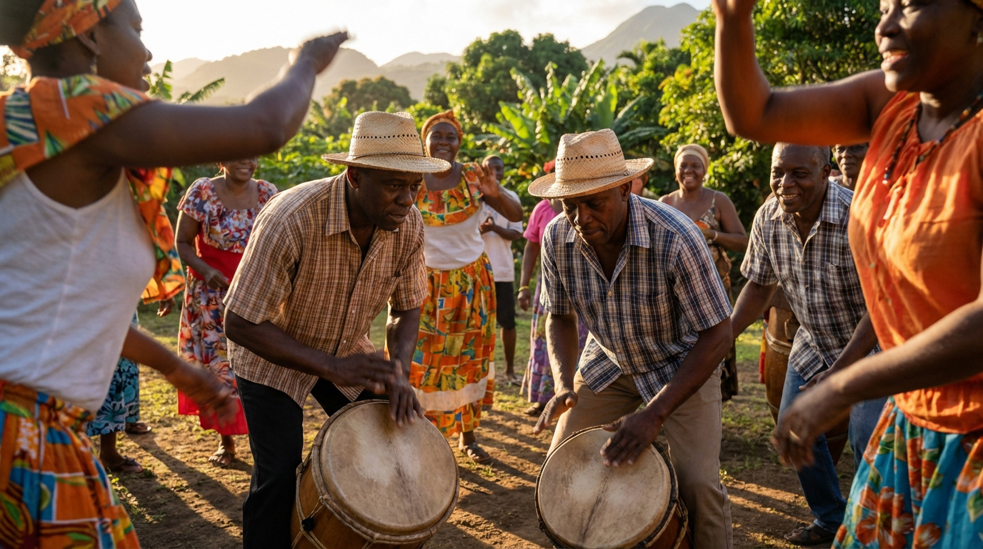 Groupe de personnes noires célébrant en Guadeloupe. Deux hommes jouent du tambour, des femmes dansent, au coucher du soleil.
